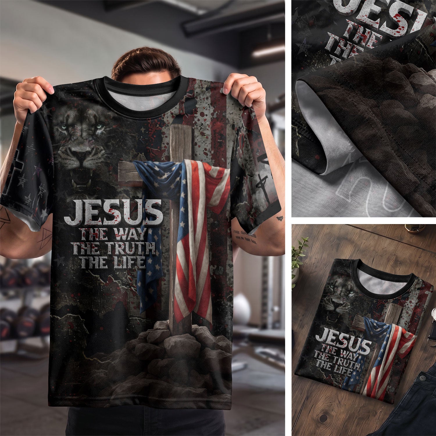 RustField Co Freedom Shirts - Jesus The Way The Truth The Life American Flag Cross Lion, Christian Tee Shirts for Men - Rust Field Wear