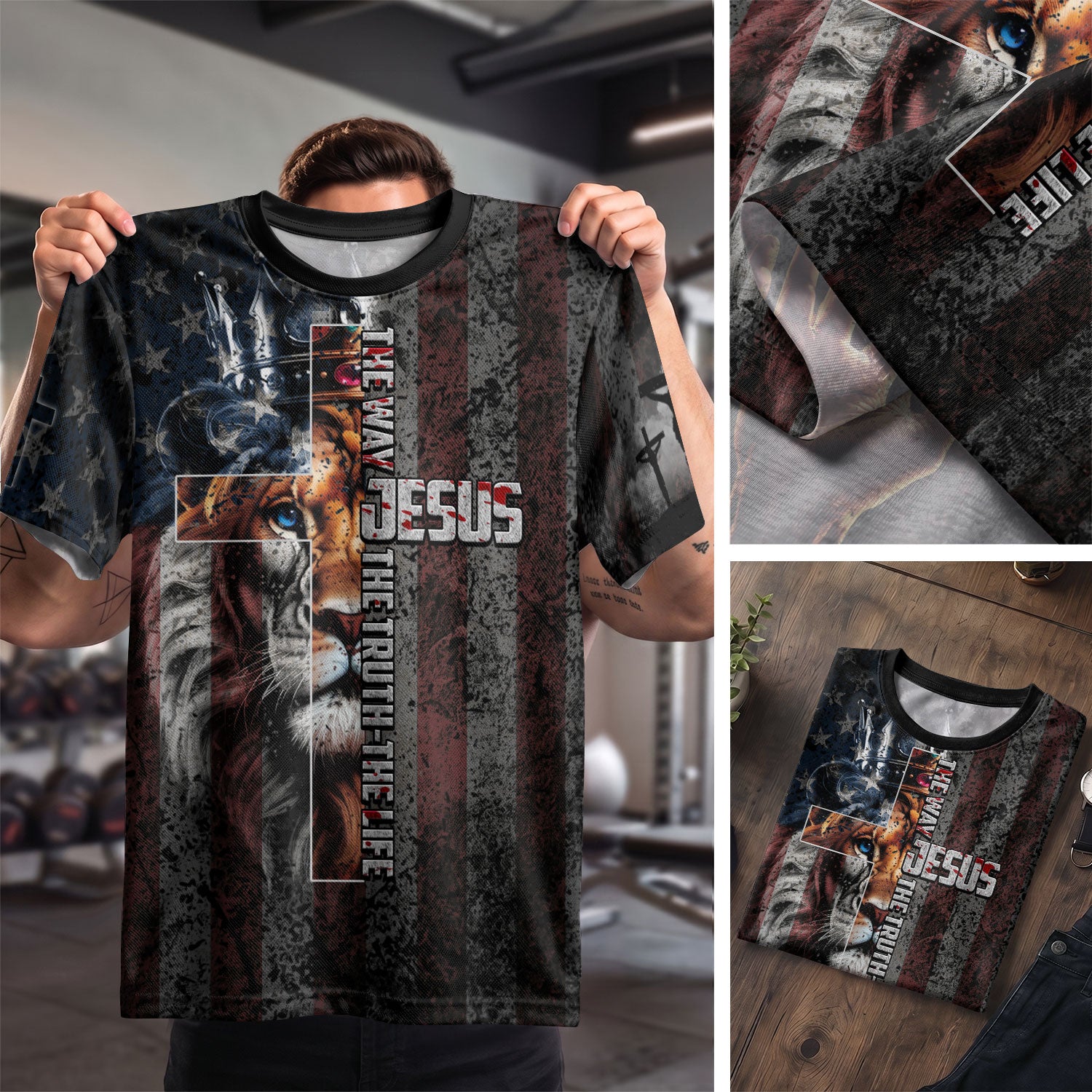 Christian Tee Shirts for Men - Jesus The Way The Truth The Life Lion Crown Cross American Flag, RustField Co Freedom Shirts - Rust Field Wear