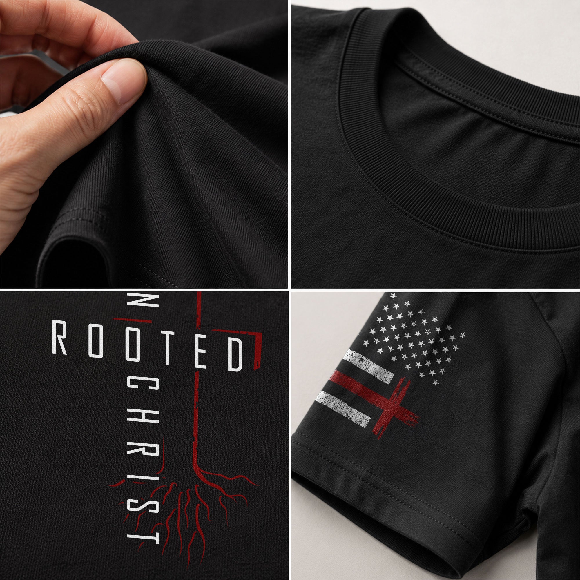 Christian Tee Shirts, Rooted In Christ Red Cross and Roots Christian - Christian Shirts for Men - Rust Field Wear