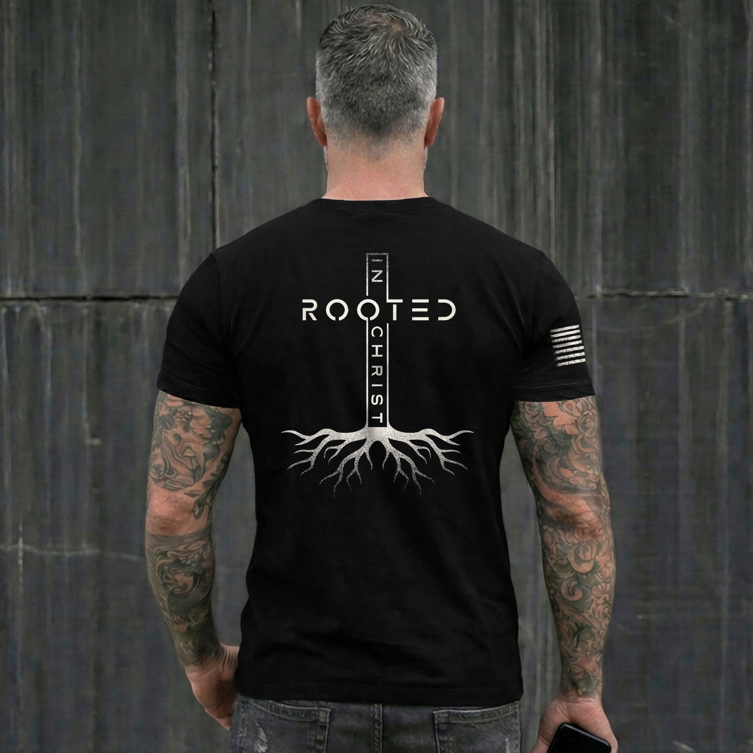 Christian Shirts for Men - Rooted In Christ Vertical Cross Roots Back Print Christian, Christian Tee Shirts - Rust Field Wear