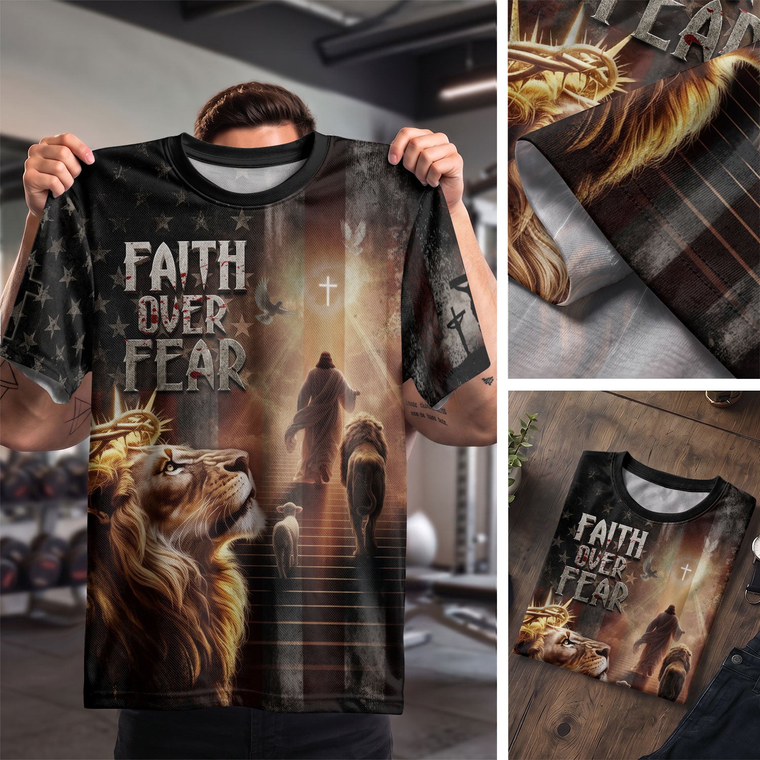 Faith Over Fear Lion of Judah Jesus American Flag Christian Tee Shirts - Freedom Shirts for Men, RustField Co - Rust Field Wear