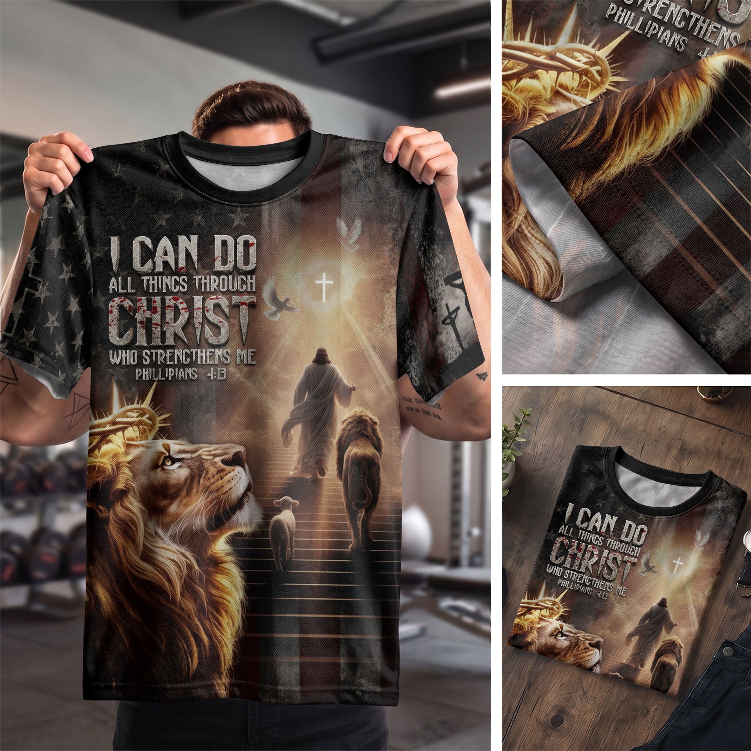 Freedom Shirts for Men, I Can Do All Things Through Christ Lion of Judah American Flag - Christian Tee Shirts, RustField Co - Rust Field Wear