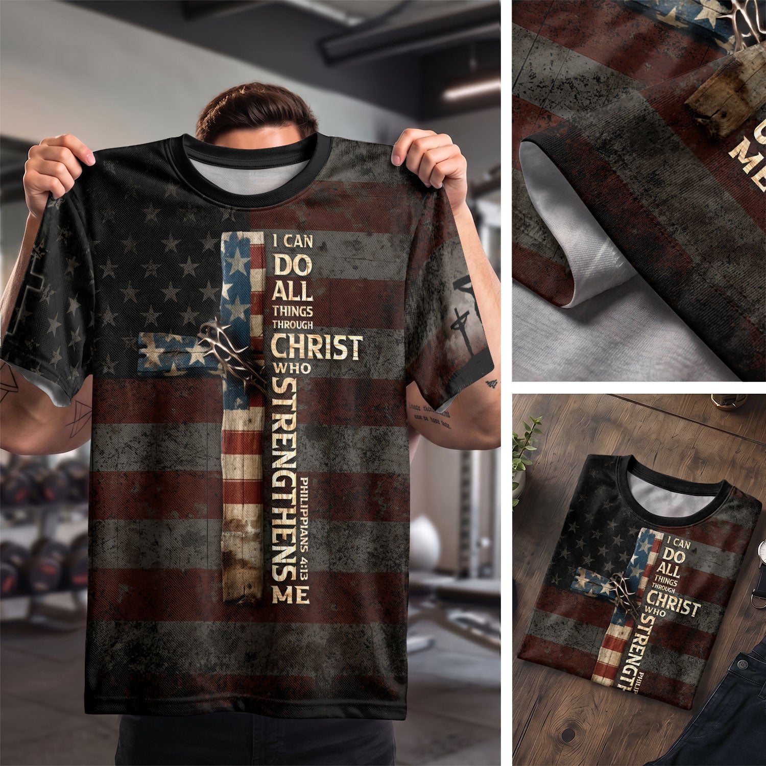 RustField Co Christian Tee Shirts - I Can Do All Things Through Christ Cross American Flag Jesus Lion, Freedom Shirts for Men - Rust Field Wear