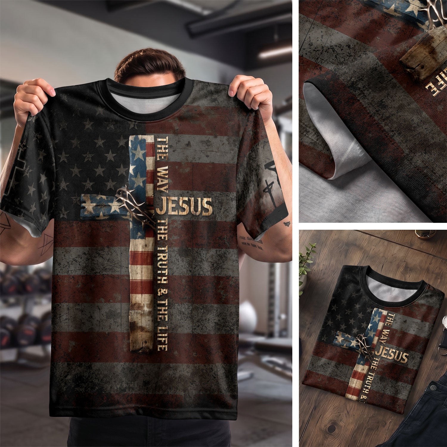 Christian Tee Shirts, Jesus The Way The Truth The Life Cross American Flag Lion - Freedom Shirts for Men, RustField Co - Rust Field Wear