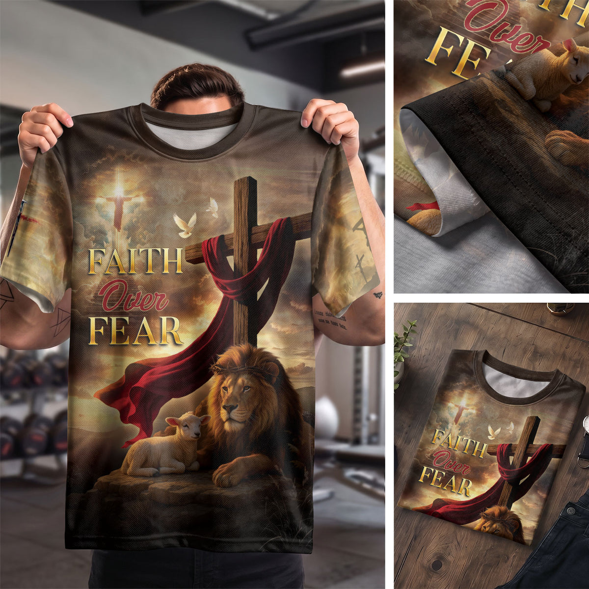 Faith Over Fear Lion Cross Sunset - RustField Co Freedom Shirts, Christian Tee Shirts for Men - Rust Field Wear