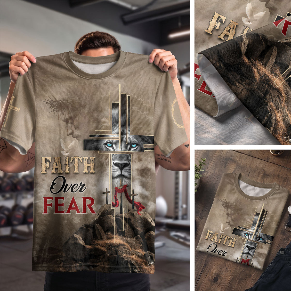 Christian Tee Shirts for Men - Faith Over Fear Lion Cross Desert Light, RustField Co Freedom Shirts - Rust Field Wear