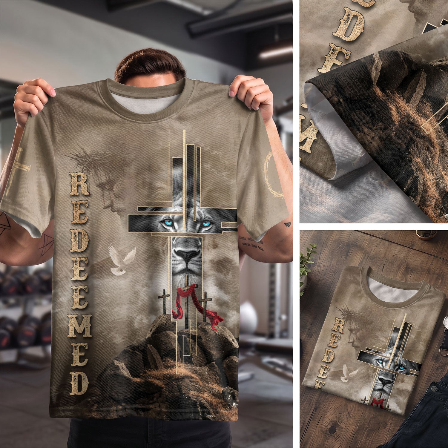 RustField Co, Redeemed Lion Cross Desert Faith - Christian Tee Shirts for Men, Freedom Shirts - Rust Field Wear