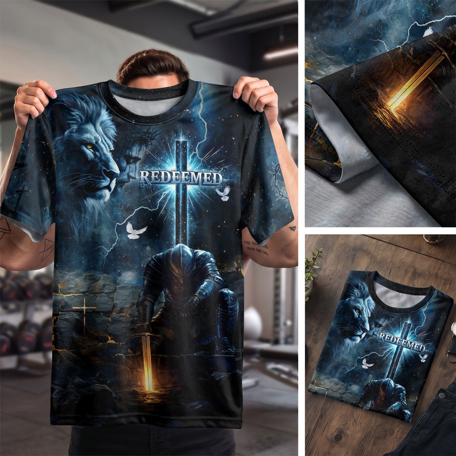 Christian Tee Shirts for Men, RustField Co - Redeemed Lion Warrior Cross Night, Freedom Shirts - Rust Field Wear