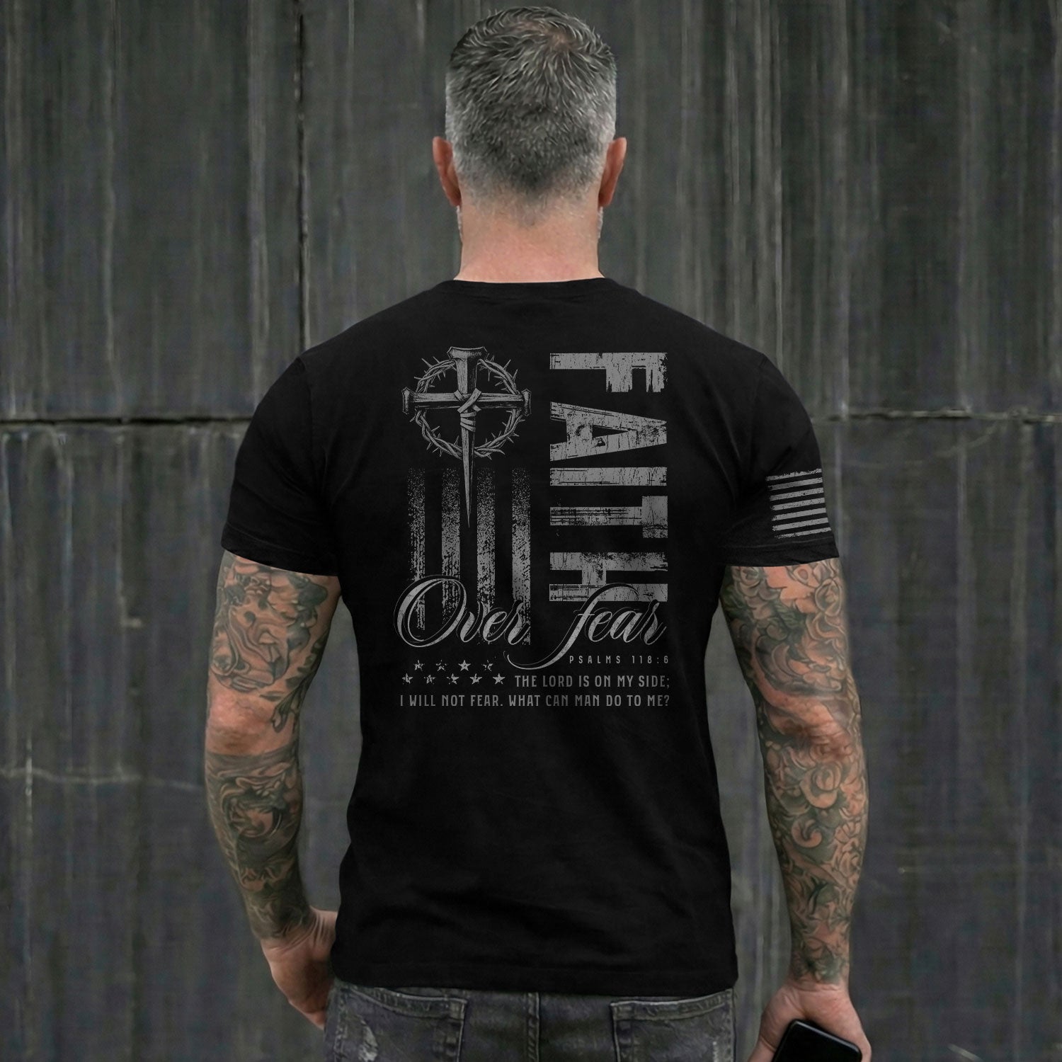 Christian Shirts for Men, Faith Over Fear Psalms 118:6 American Flag Cross Christian - Christian Tee Shirts - Rust Field Wear