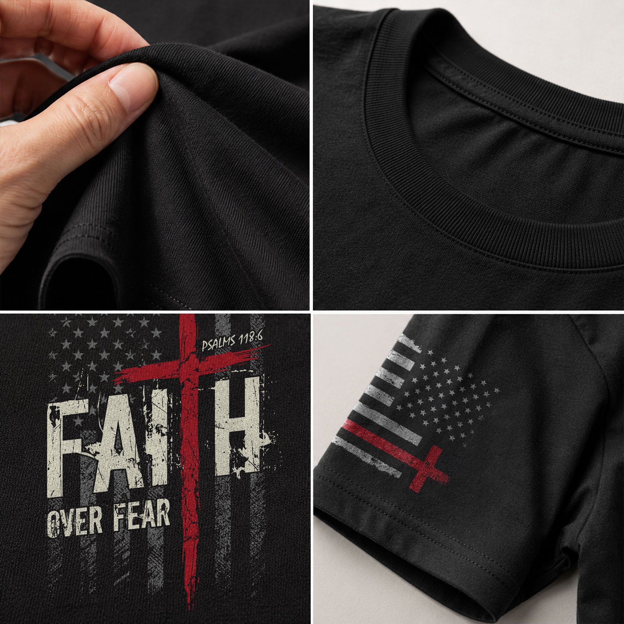 Christian Tee Shirts, Faith Over Fear Psalms 118:6 Red Cross American Flag Christian - Christian Shirts for Men - Rust Field Wear