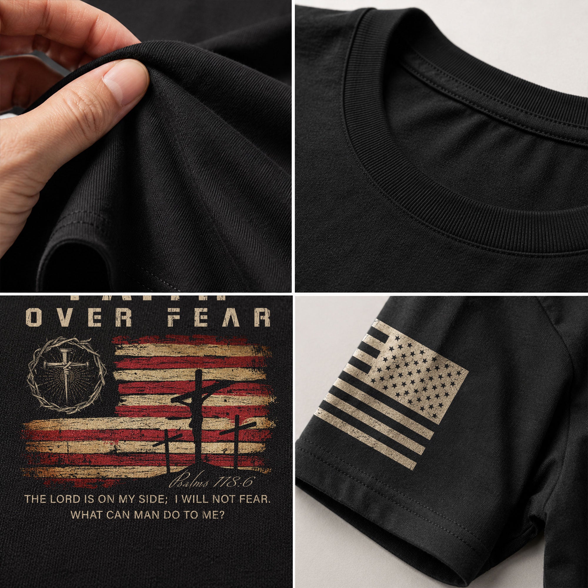 Faith Over Fear Psalms 118:6 Three Crosses American Flag Christian - Christian Tee Shirts, Christian Shirts for Men - Rust Field Wear