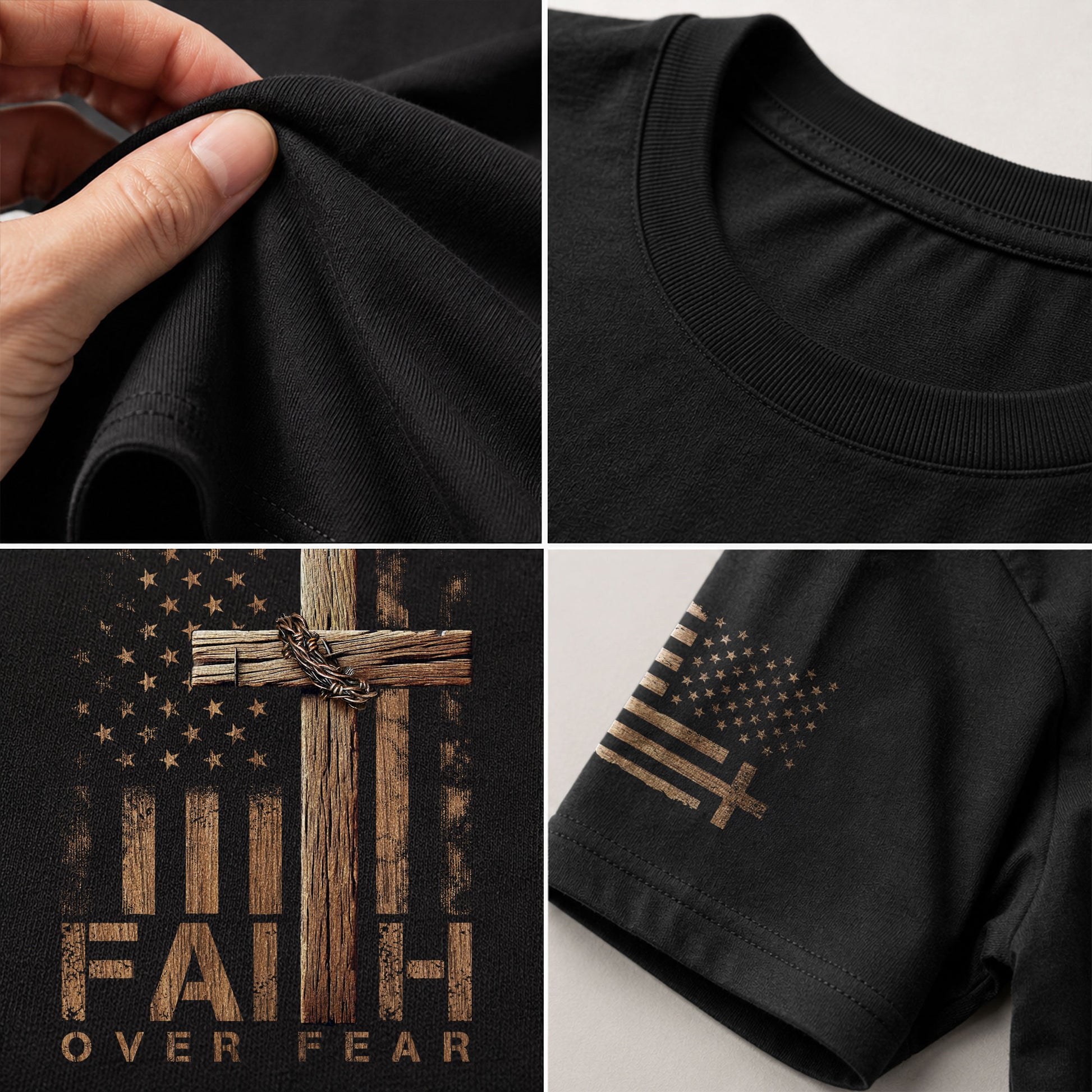 Faith Over Fear Wooden Cross American Flag Christian - Christian Shirts for Men, Faith Based Christian Tee Shirts - Rust Field Wear