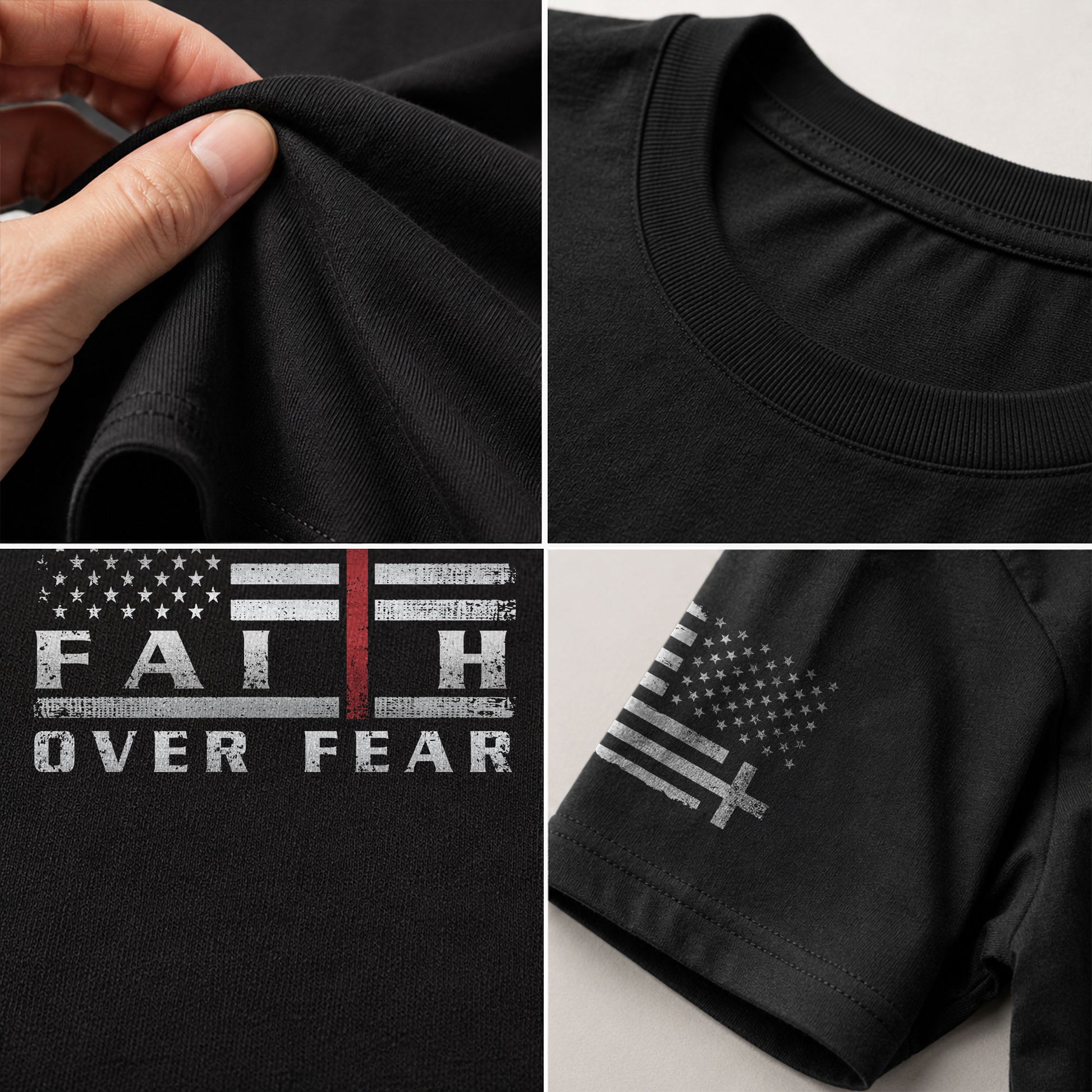 Faith Over Fear USA Flag Red Cross Christian - Christian Tee Shirts, Christian Shirts for Men - Rust Field Wear