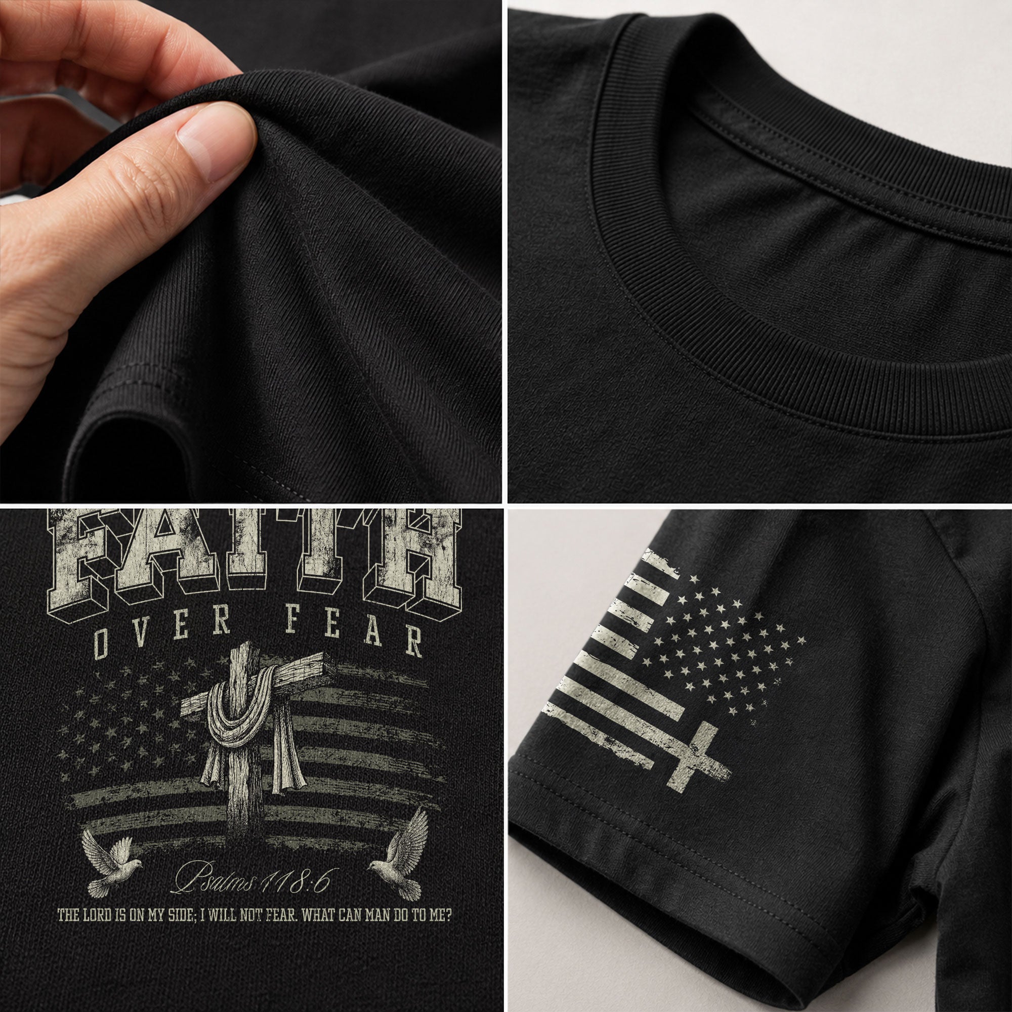 Christian Shirts for Men - Faith Over Fear American Flag Cross Doves Psalms 118:6 Christian, Christian Tee Shirts - Rust Field Wear