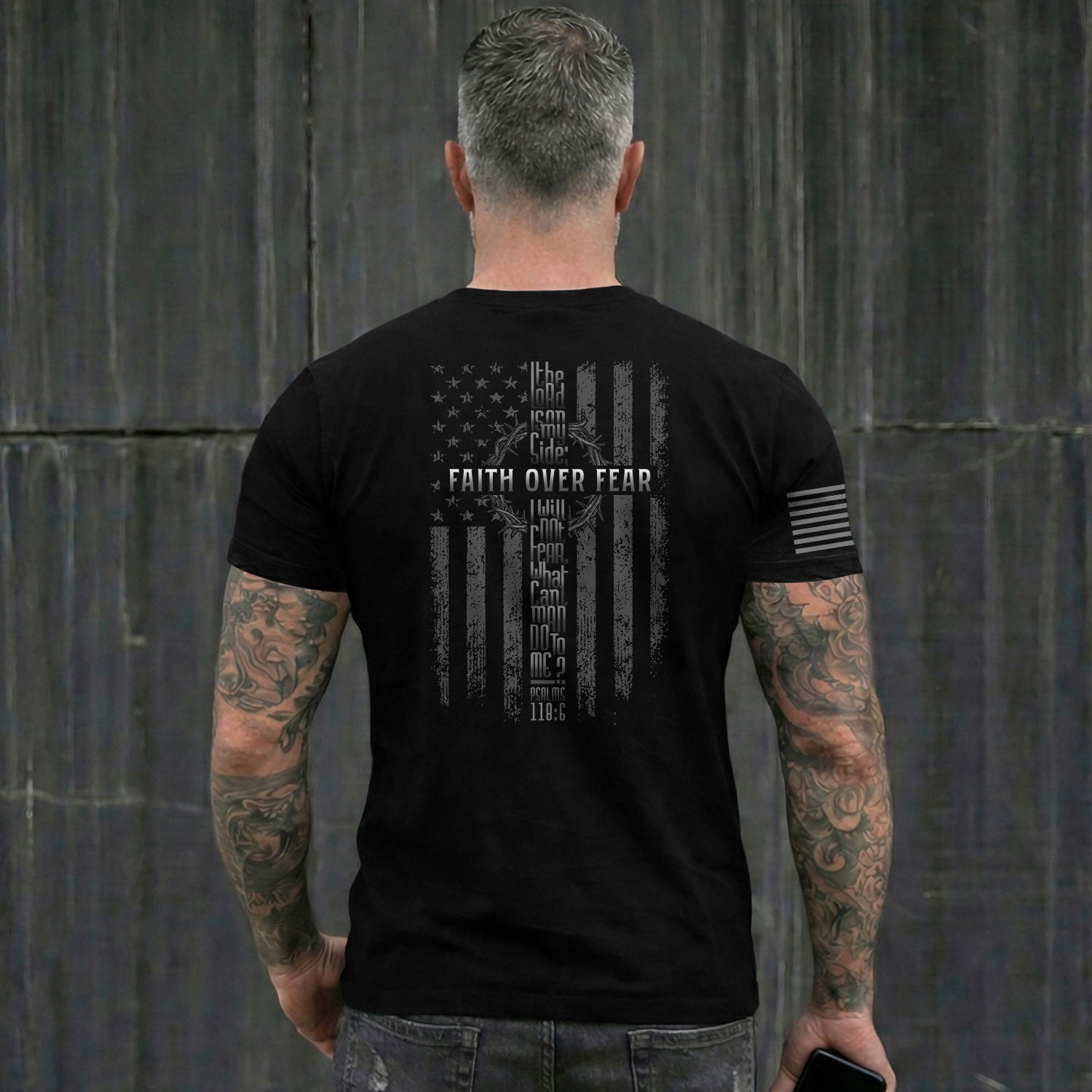 Christian Shirts for Men, Faith Over Fear American Flag Cross Psalms 118:6 Christian - Christian Tee Shirts - Rust Field Wear