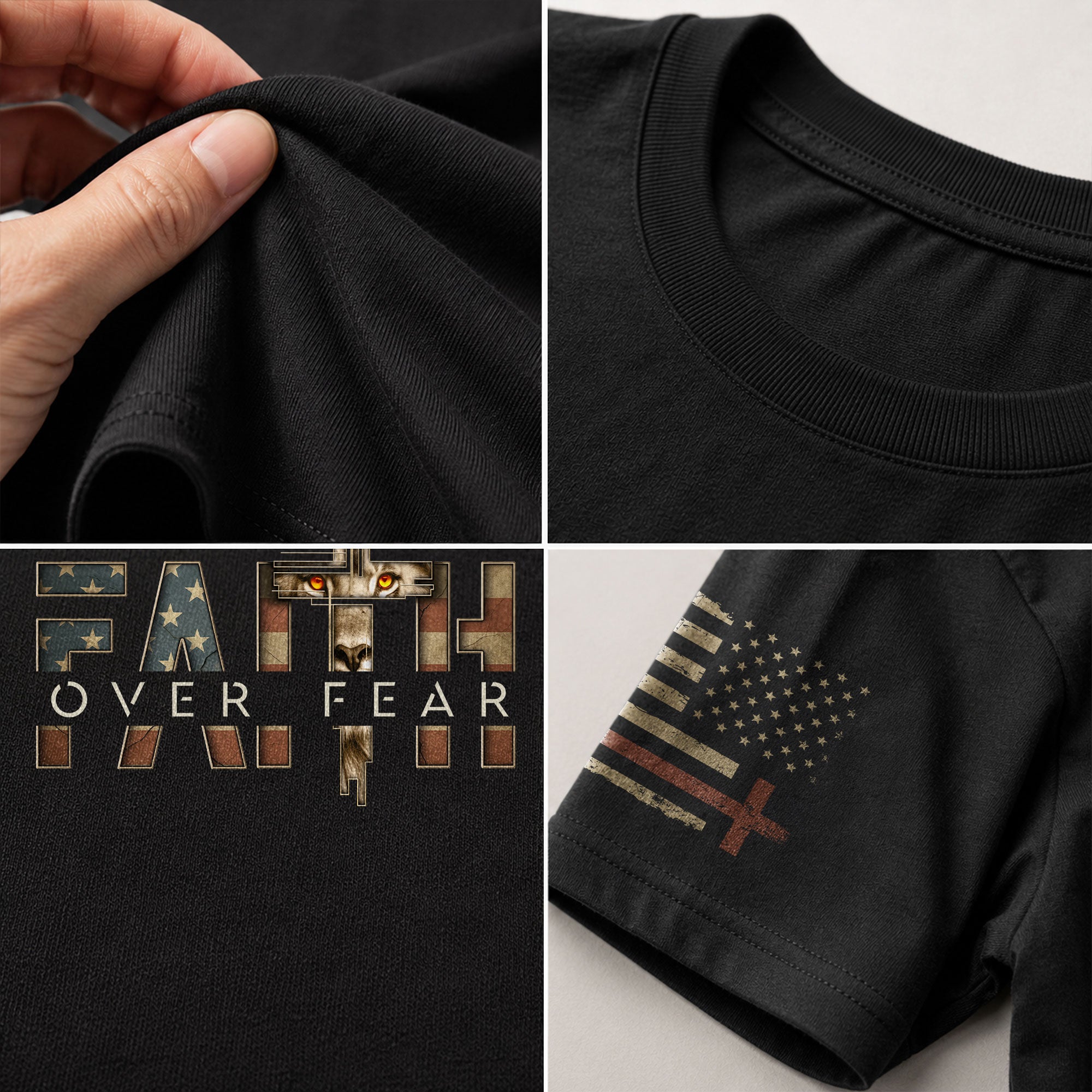 Faith Over Fear Lion Cross American Flag Psalms 118:6 Christian, Christian Tee Shirts - Faith Shirts for Men - Rust Field Wear