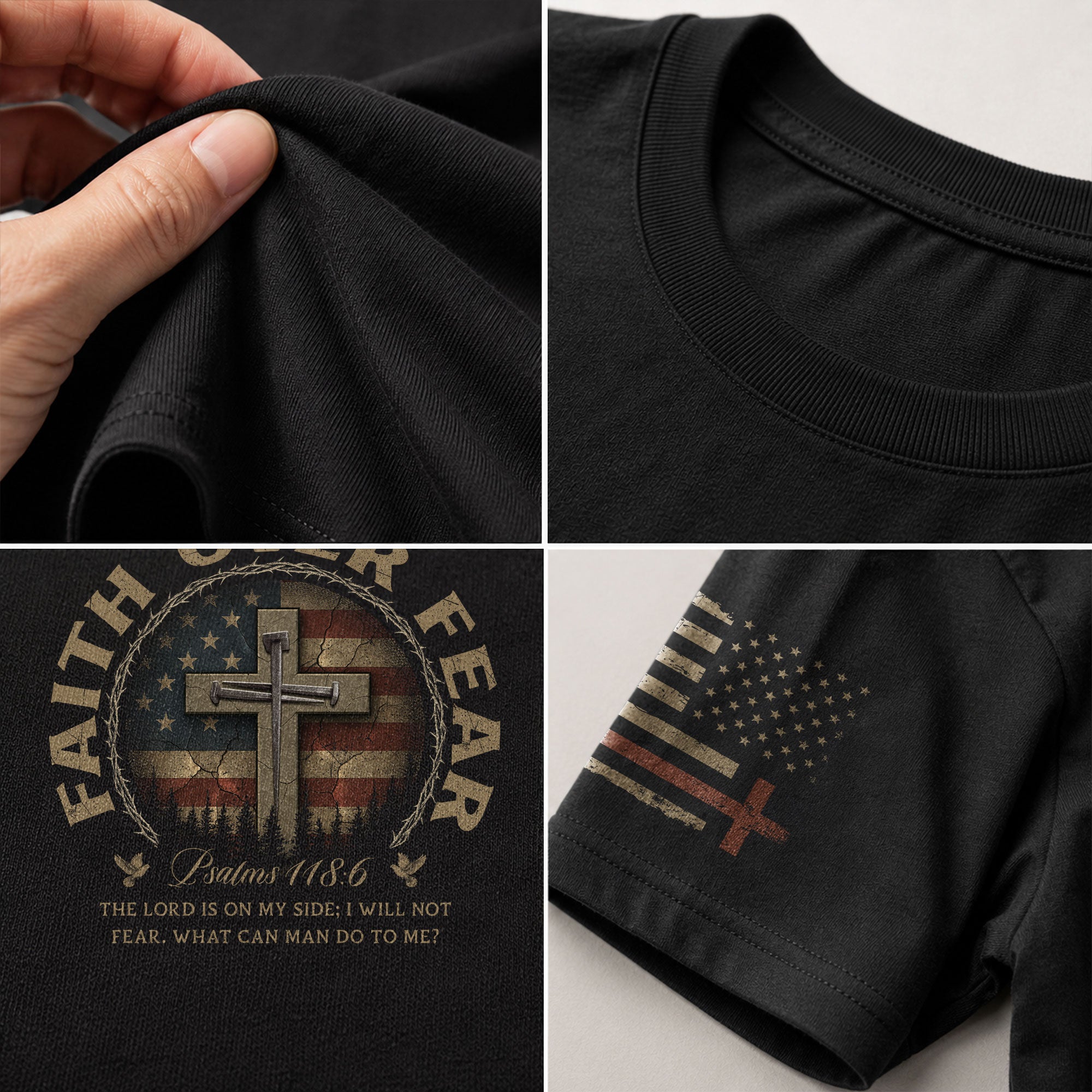 Faith Based Christian Tee Shirts, Faith Over Fear Cross American Flag Vintage Psalms 118:6 Christian - Christian Shirts for Men - Rust Field Wear
