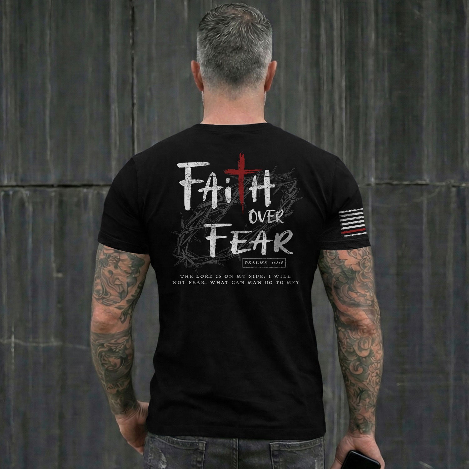 Christian Tee Shirts, Faith Over Fear Cross Crown of Thorns Psalms 118:6 Christian - Christian Shirts for Men - Rust Field Wear
