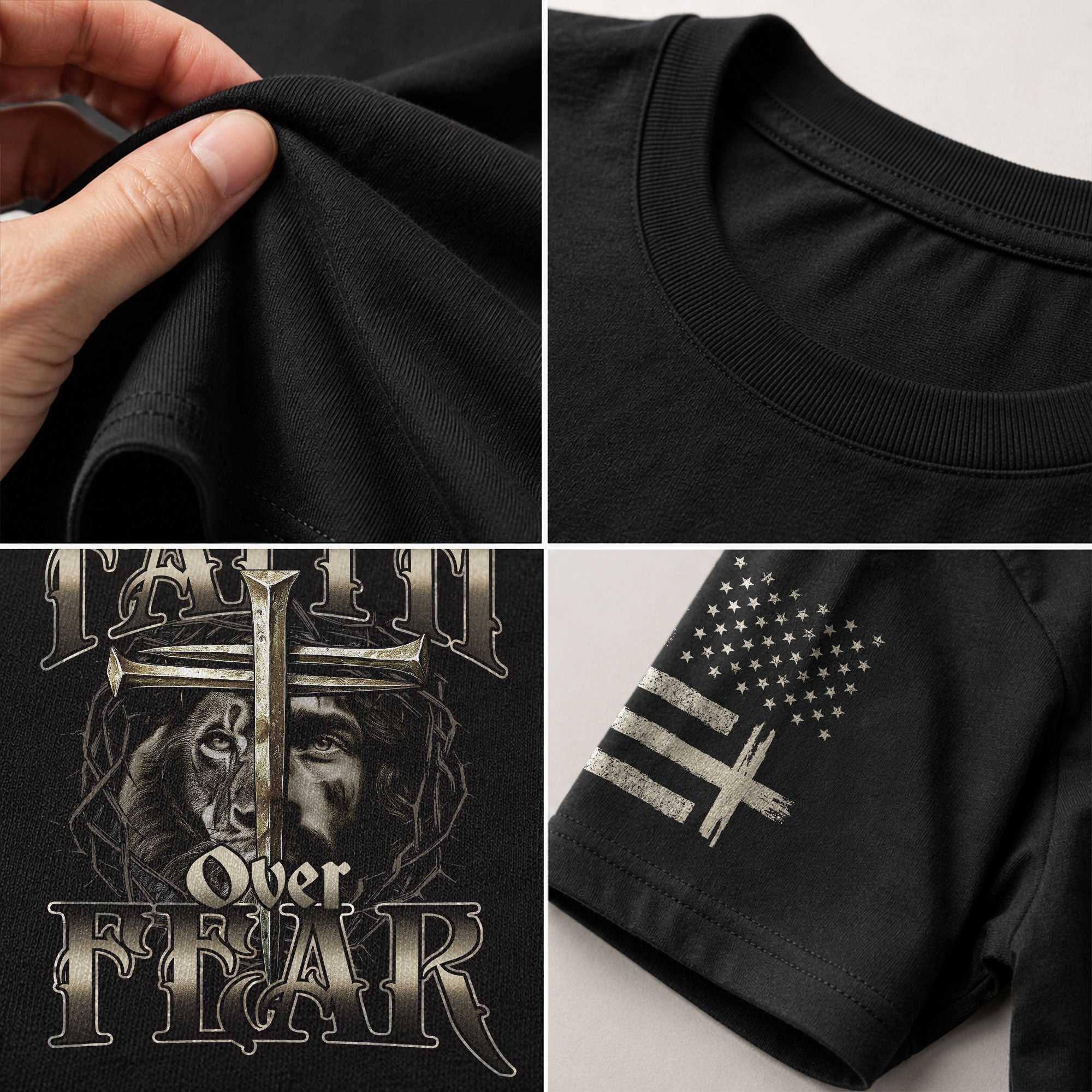 Christian Shirts for Men, Faith Over Fear Christian Lion Jesus Cross Crown Design - Christian Tee Shirts - Rust Field Wear