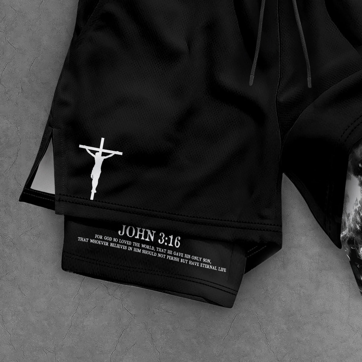 John 3:16 Christian Gym Shorts for Men Lion Cross Jesus Design - Rust Field Wear