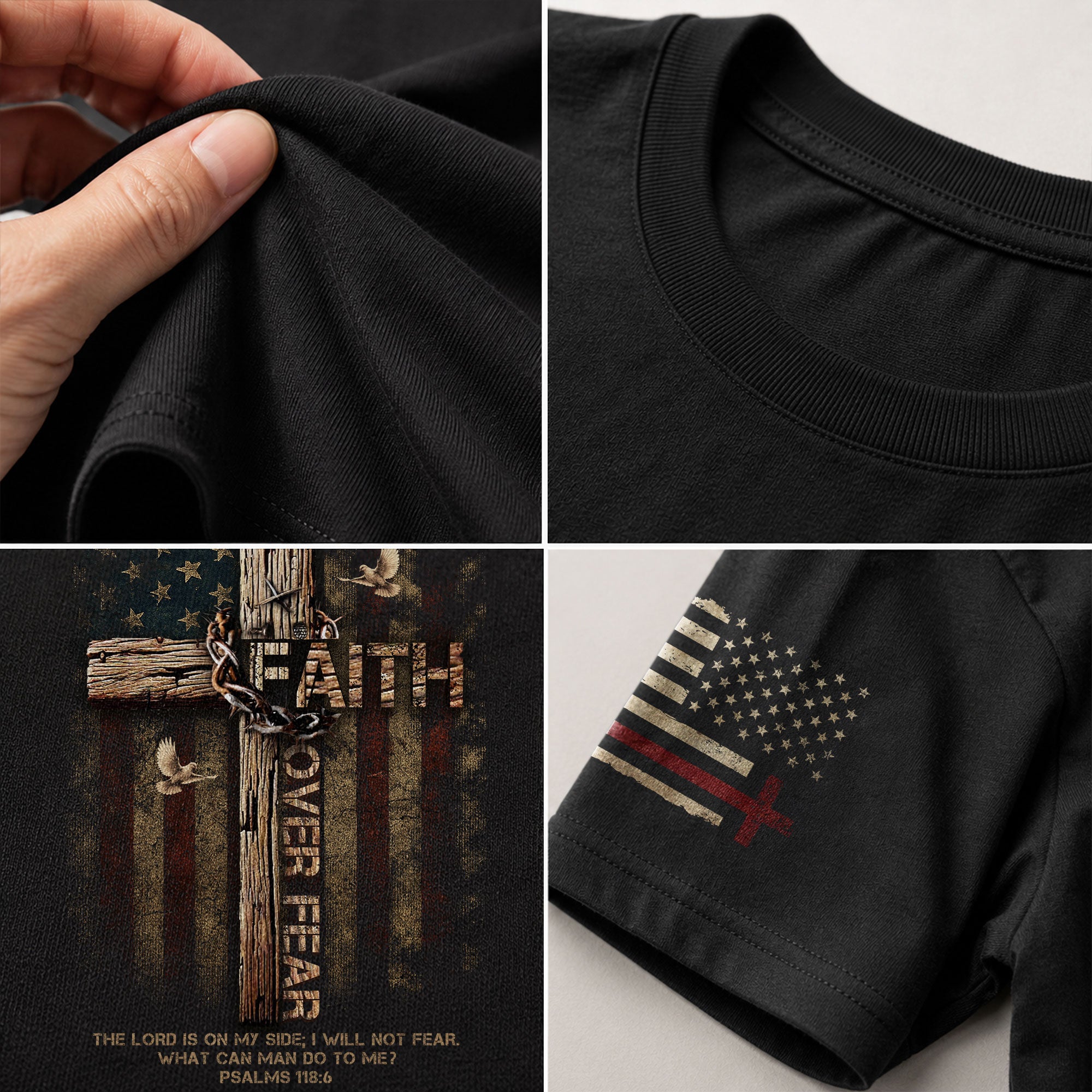 Faith Over Fear Wooden Cross American Flag Christian Psalm 118:6 Verse - Christian Tee Shirts, Christian Shirts for Men - Rust Field Wear