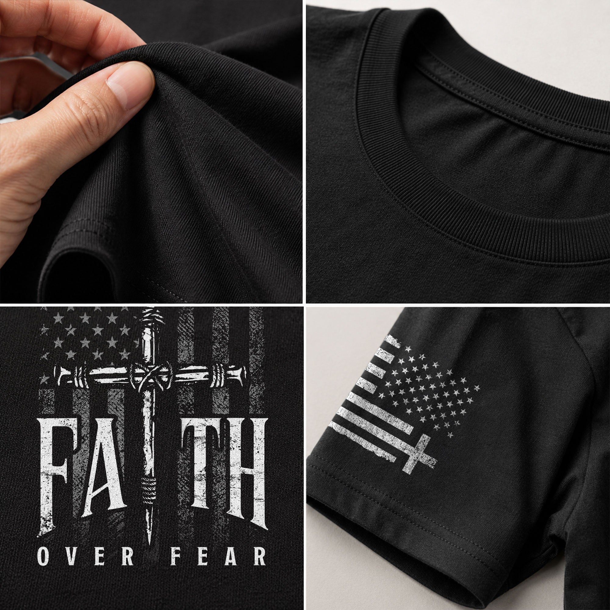 Christian Shirts for Men - Faith Over Fear Christian American Flag Cross Sword Design, Christian Tee Shirts - Rust Field Wear
