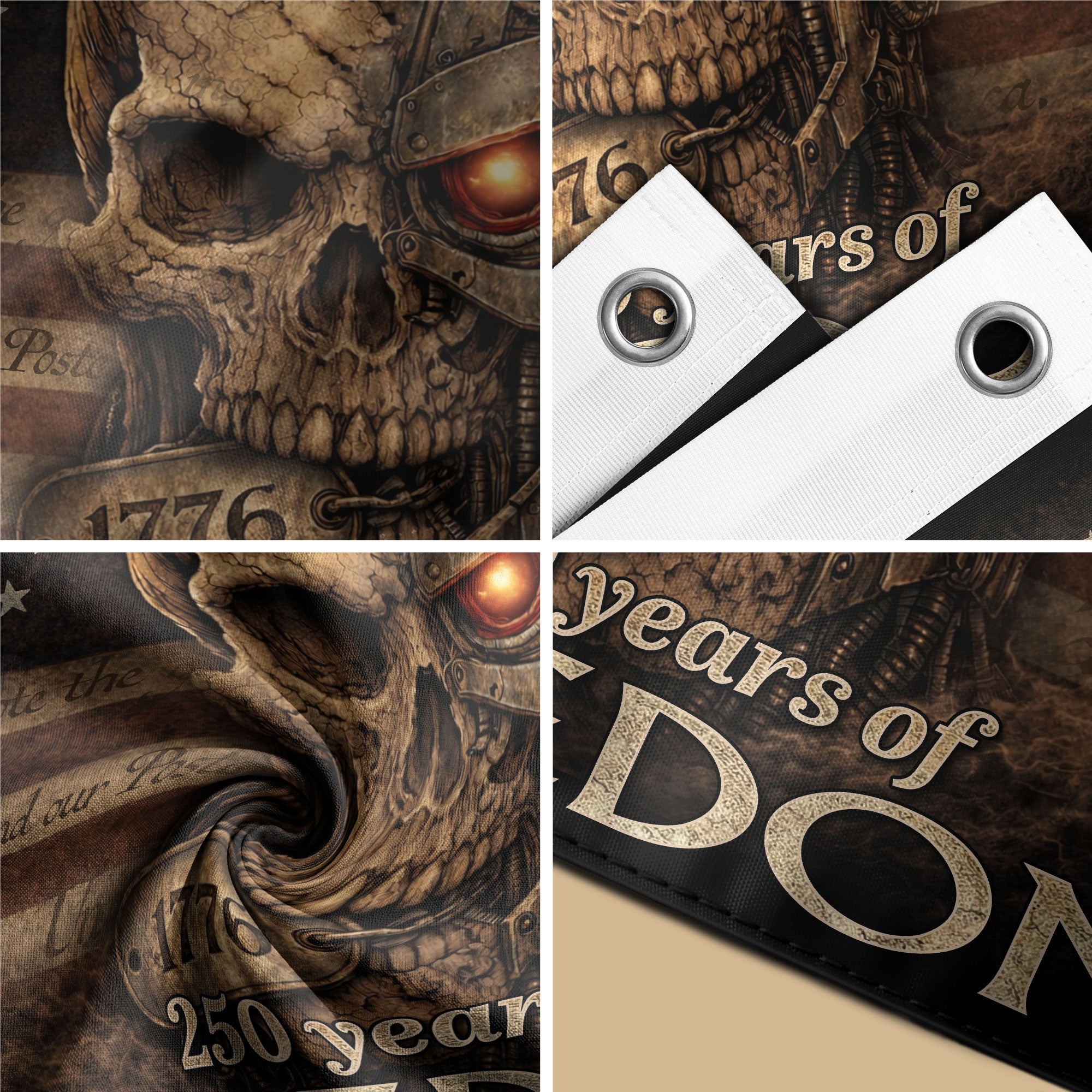 United States of 250 Years America Anniversary Flag 1776-2026 Mechanical Metal Cyber Skull Patriotic Flag