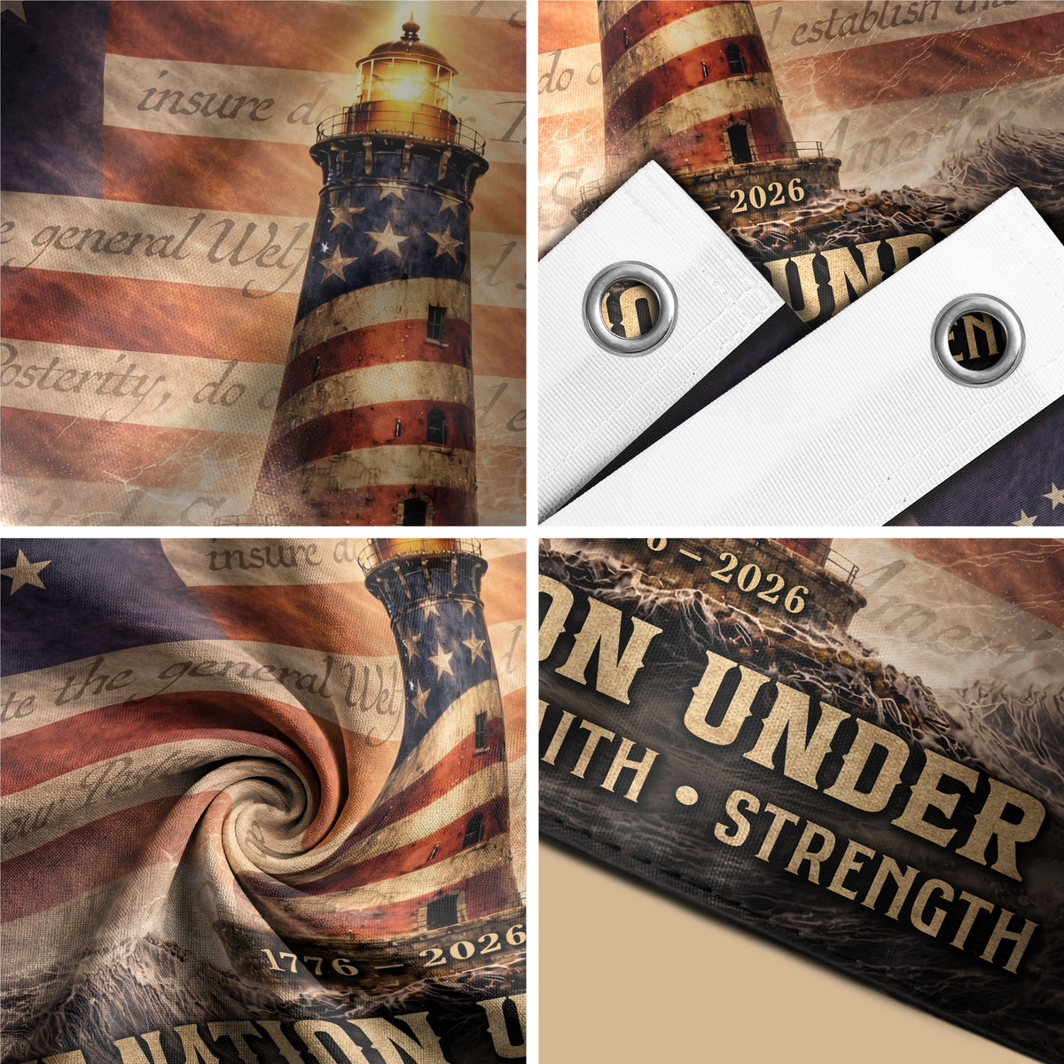USA 250 Lighthouse Cross Flag – One Nation Under God Christian Patriotic Outdoor Flag 1776–2026 - Rust Field Wear