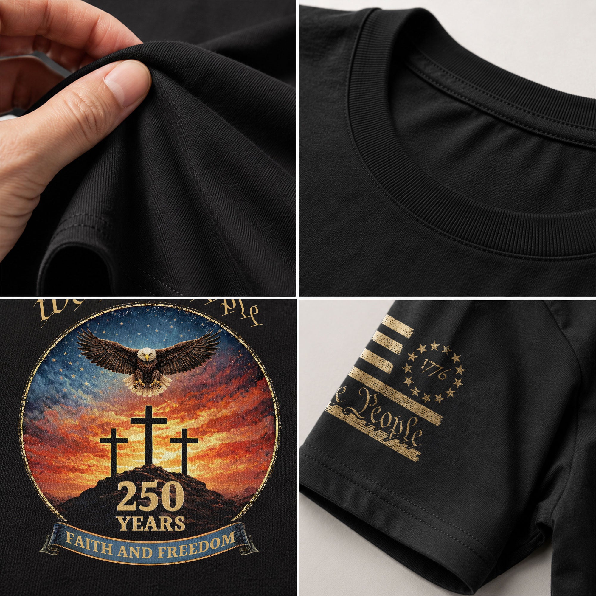 We the People 250th Anniversary T-Shirt - Christian American Patriot Eagle Soaring Over Three Crosses Design - Rust Field Wear