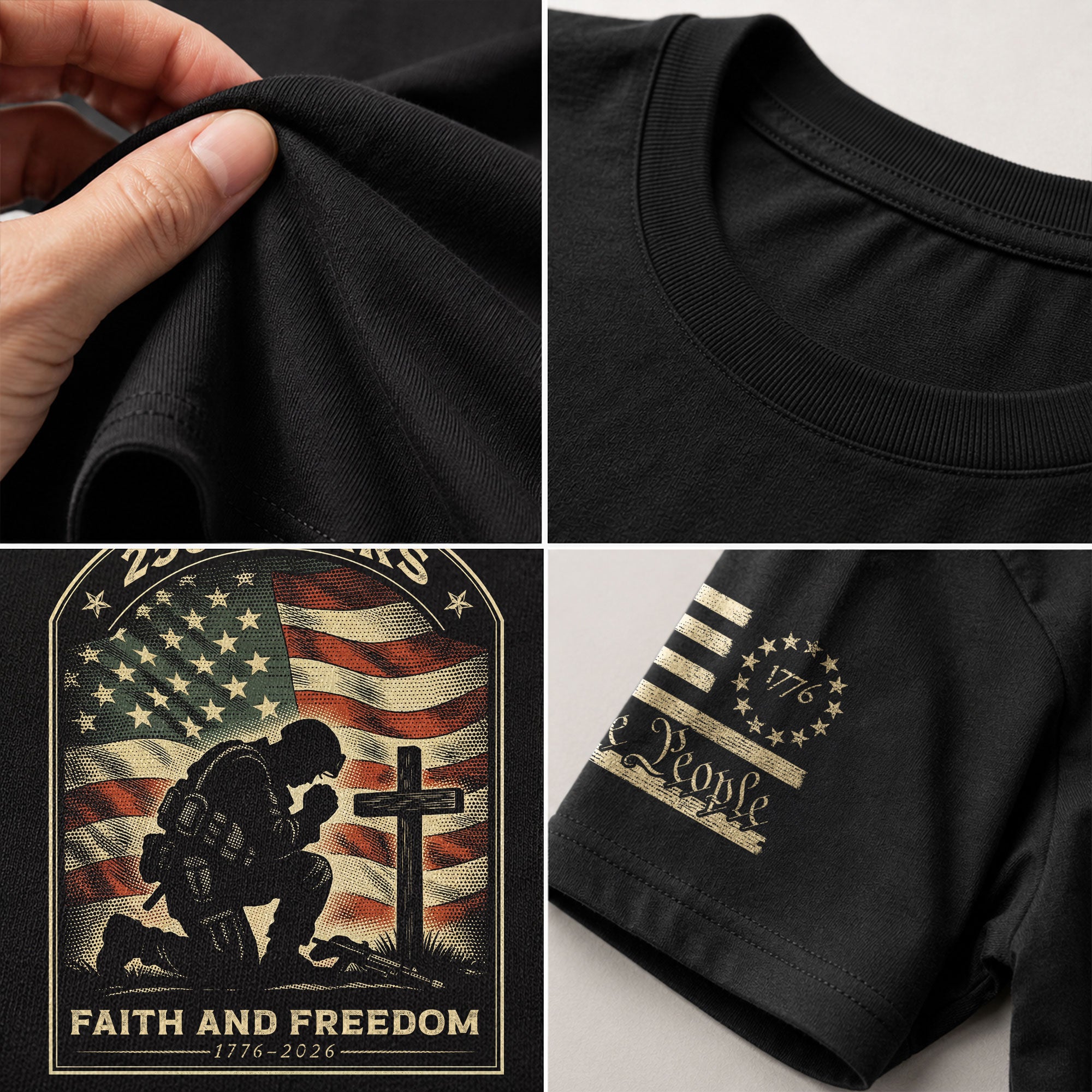 Faith and Freedom 250 Years 250th Anniversary Patriotic T-Shirt - Kneeling Soldier Prayer & American Flag Graphic Tee - Rust Field Wear