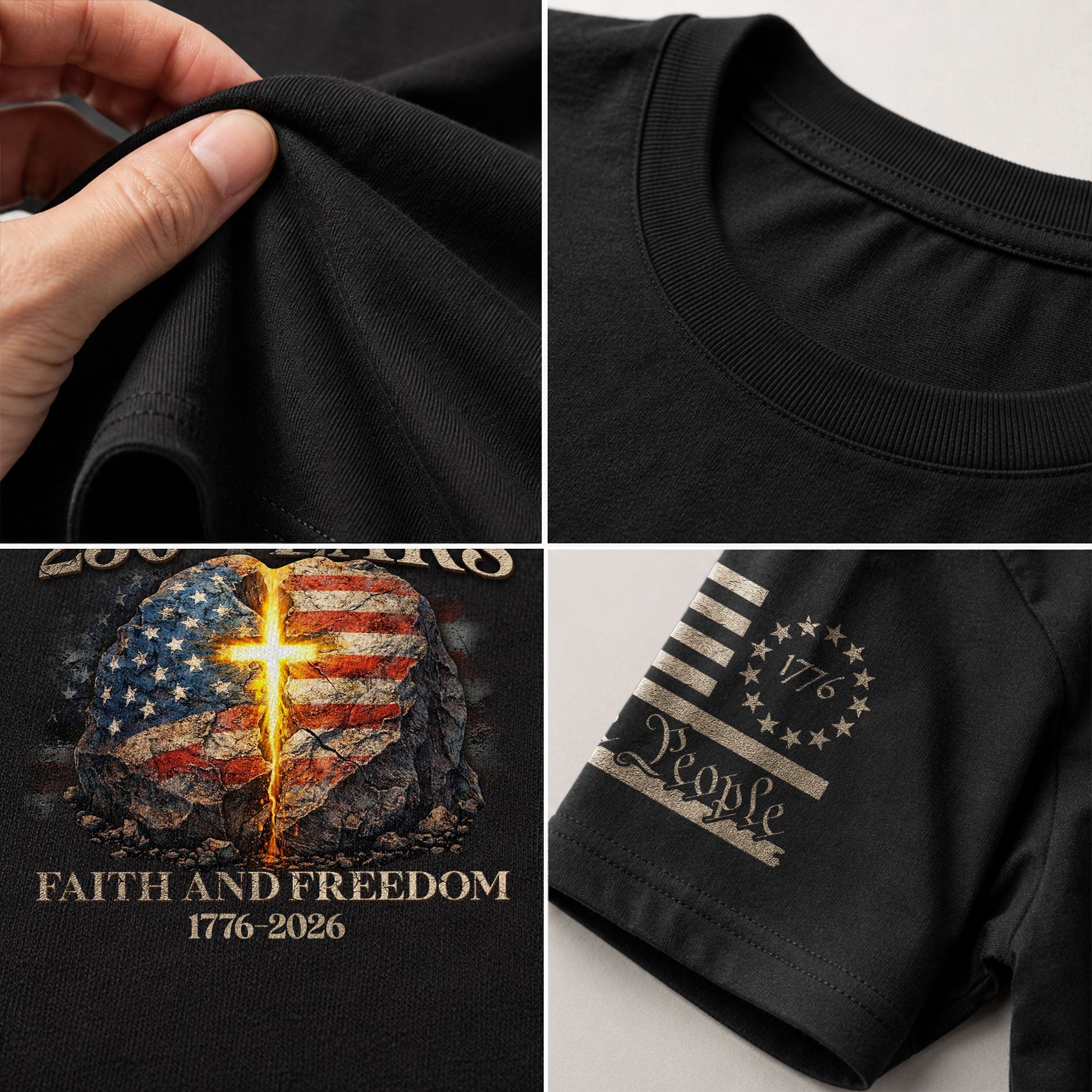 Faith and Freedom 250 Years T-Shirt - Glowing Cross & American Flag Rock Graphic Tee - Rust Field Wear