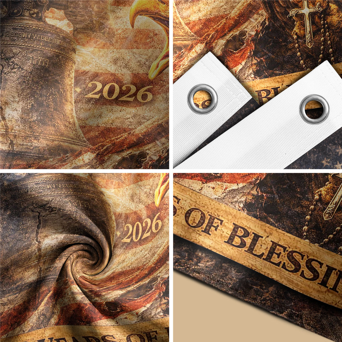 250 Years of Blessings USA Flag, Patriotic Eagle & Liberty Bell - 1776-2026 Double-Sided Banner - Rust Field Wear