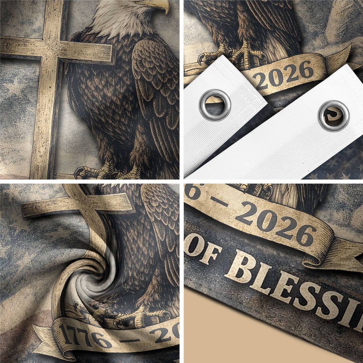 250th Anniversary Cross & Eagle, One Nation Under God 250 Years of Blessings USA Flag - Double Sided Premium House Flag - Rust Field Wear