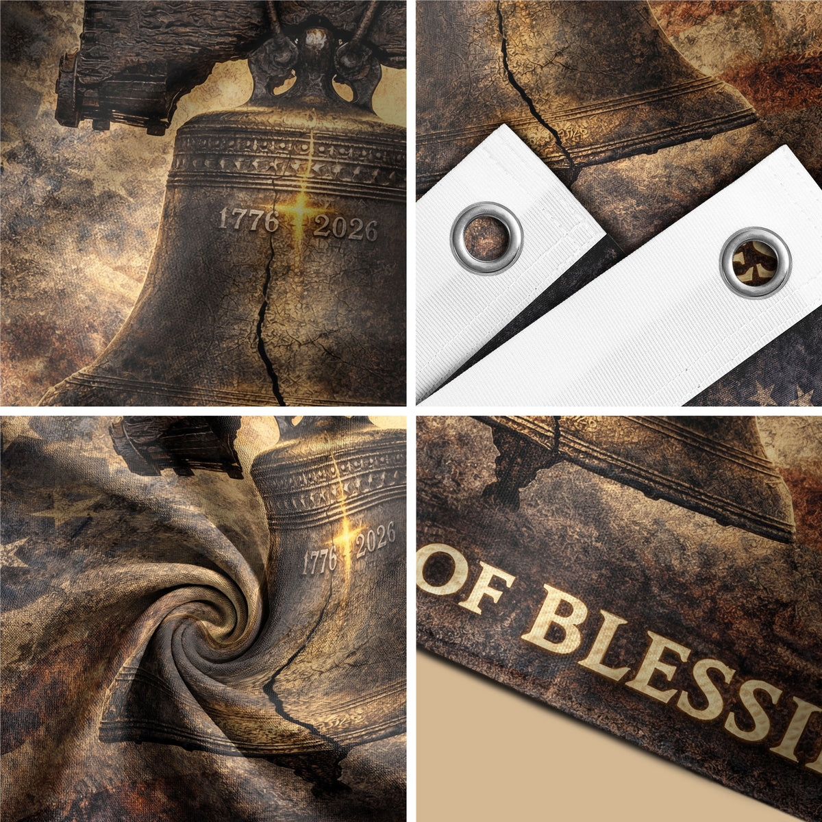 USA 250th Anniversary Flag 1776-2026 – Liberty Bell & Cross 250 Years of Blessings One Nation Under God Banner - Rust Field Wear