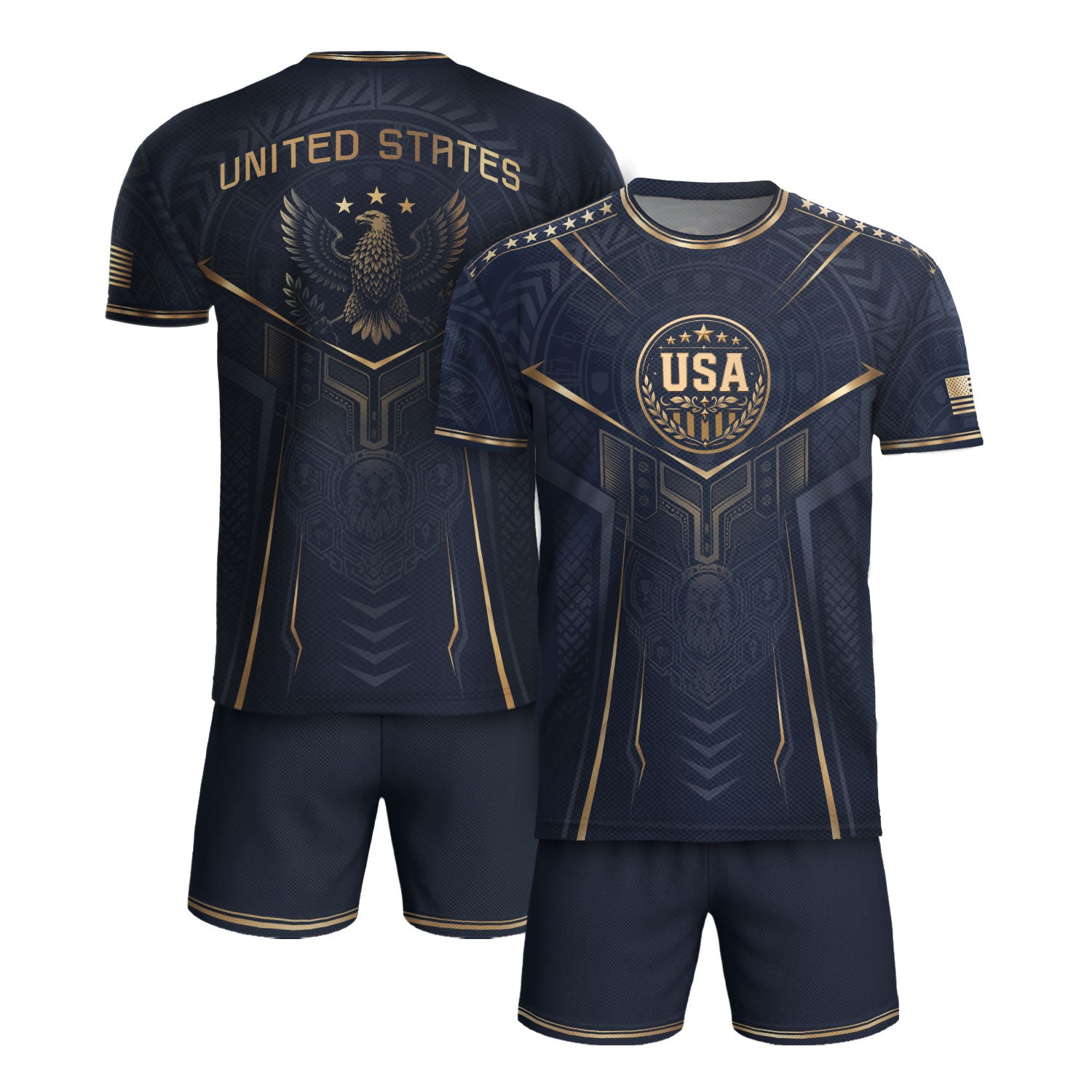 USA Soccer Jersey Navy Gold Eagle Shield Graphic Sports Tee for Soccer Fans