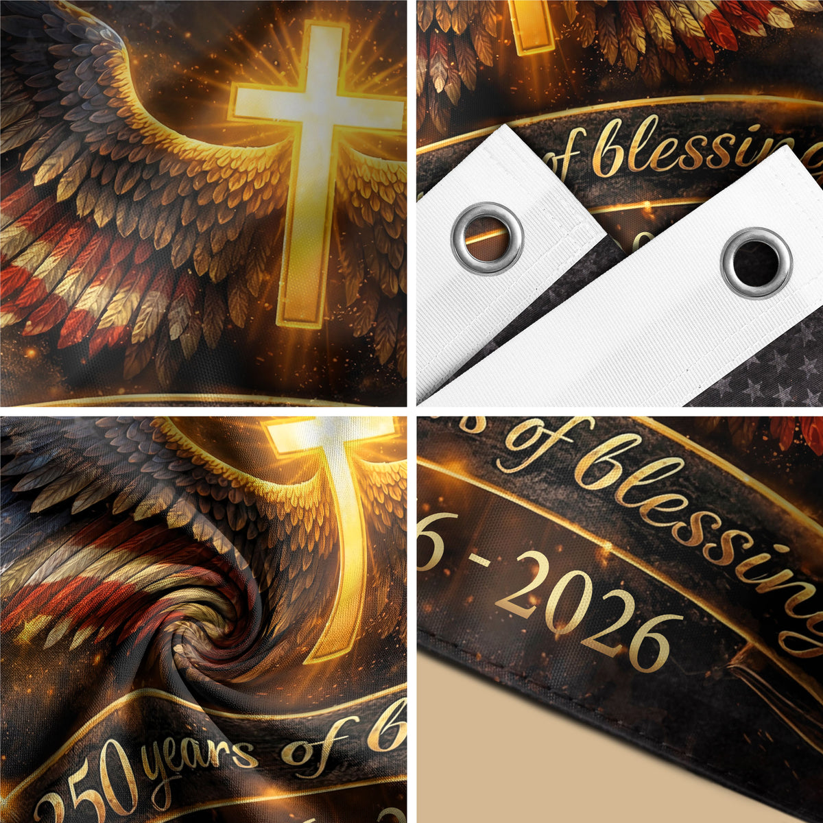 USA 250th Anniversary Cross Flag 1776–2026 – Glowing Cross & Angel Wings Double Sided Christian Banner - Rust Field Wear