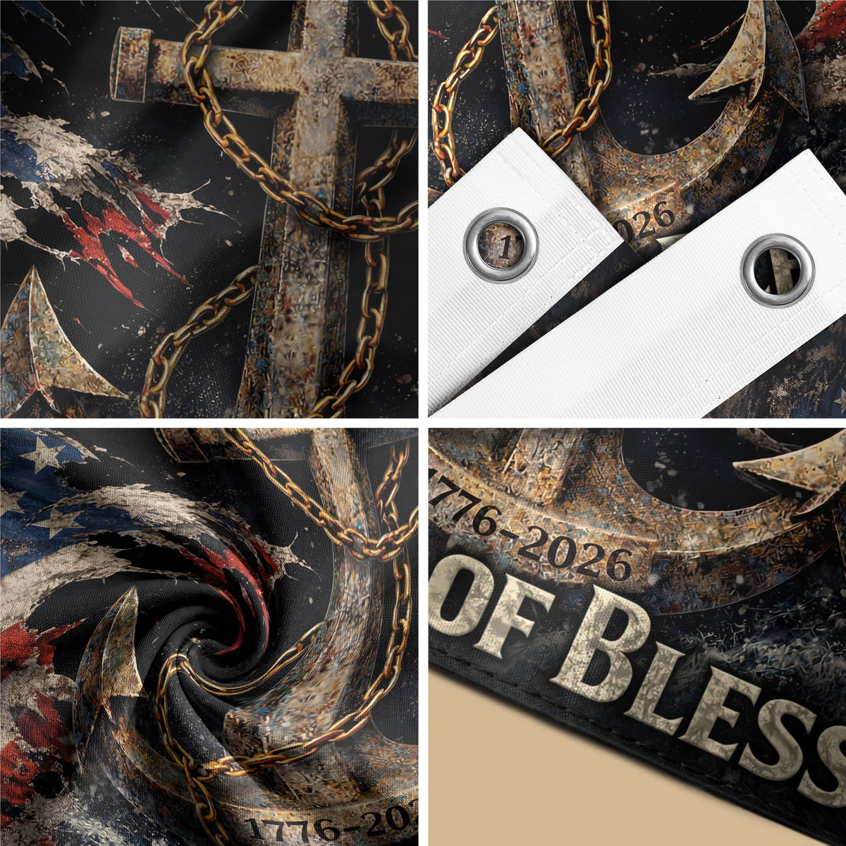 250 Years of Blessings Christian Flag 1776–2026 – Anchor Cross & Chain Patriotic Double Sided Banner - Rust Field Wear
