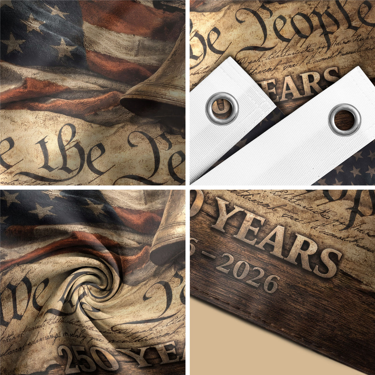United States 250th Anniversary Flag 1776–2026 – Vintage Constitution & Liberty Bell Double Sided Patriotic Flag - Rust Field Wear