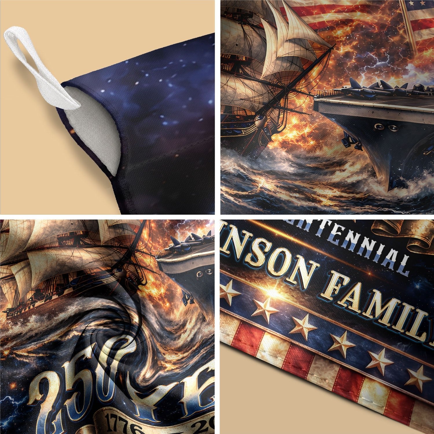 Custom Family Name 250th Anniversary Garden Flag – USA Ship & Navy 1776-2026 - Rust Field Wear