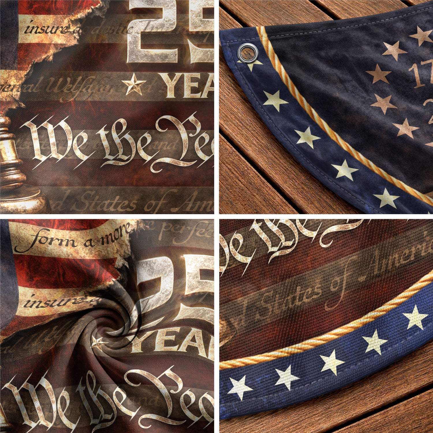 We The People Fence Flag Lady Justice & Gavel 250 Years Patriotic - 1776-2026 Decor - Rust Field Wear