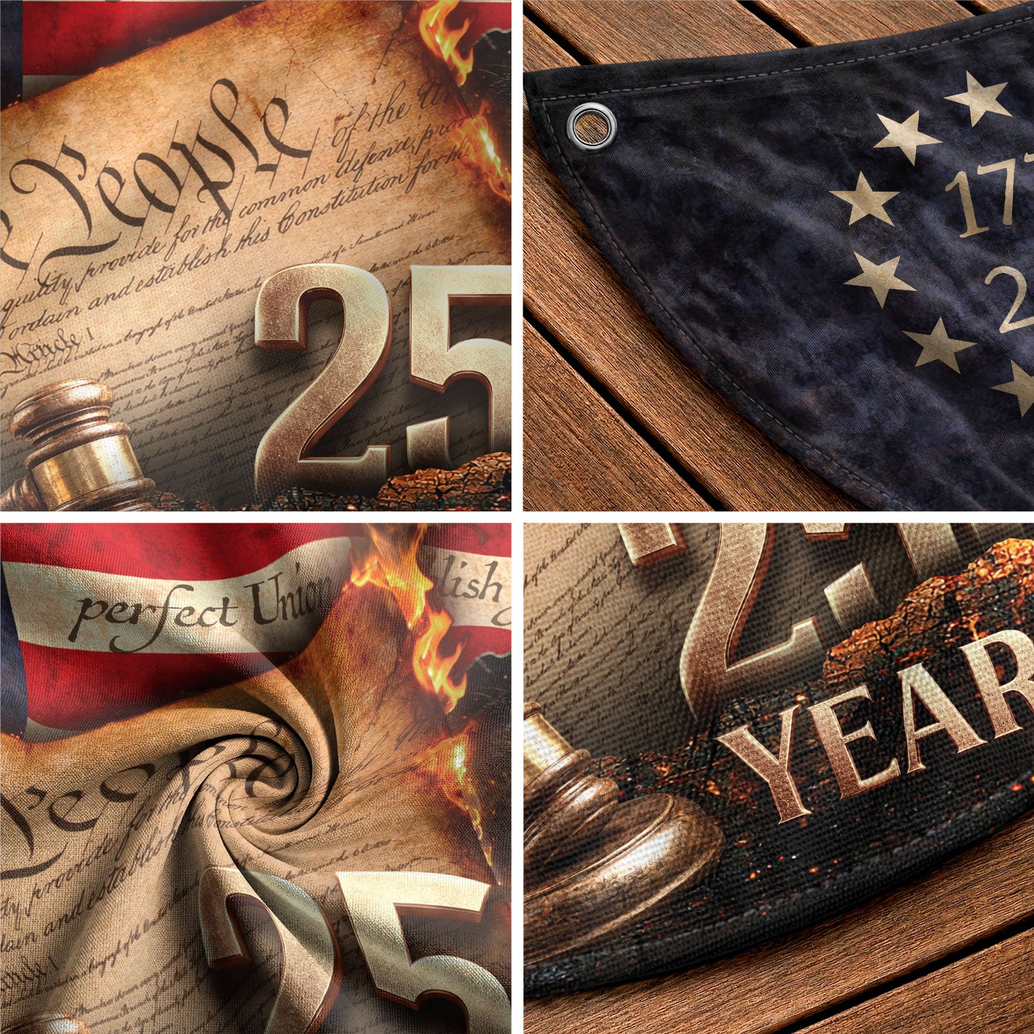 250 Years Lady Justice Fence Flag Patriotic 1776-2026 - We The People Outdoor Banner - Rust Field Wear
