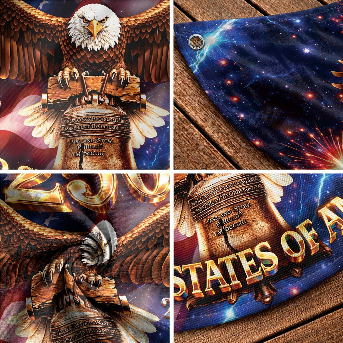250 Years United States Fence Flag 1776-2026 Patriotic Liberty Eagle Bell - Rust Field Wear
