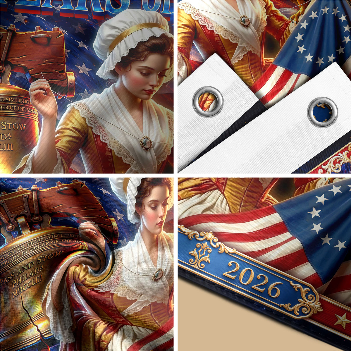 USA 250 Years of Freedom Flag - Betsy Ross & Liberty Bell Patriotic Banner 1776-2026 - Rust Field Wear