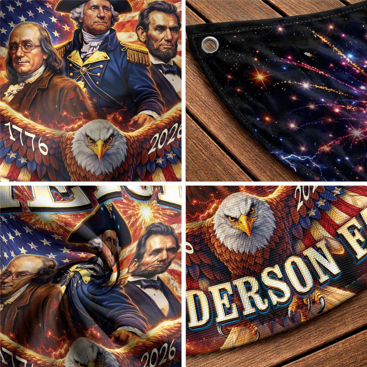 Custom Family Name America 1776-2026 Historical Founding Fathers Patriot Fence Flag - Rust Field Wear
