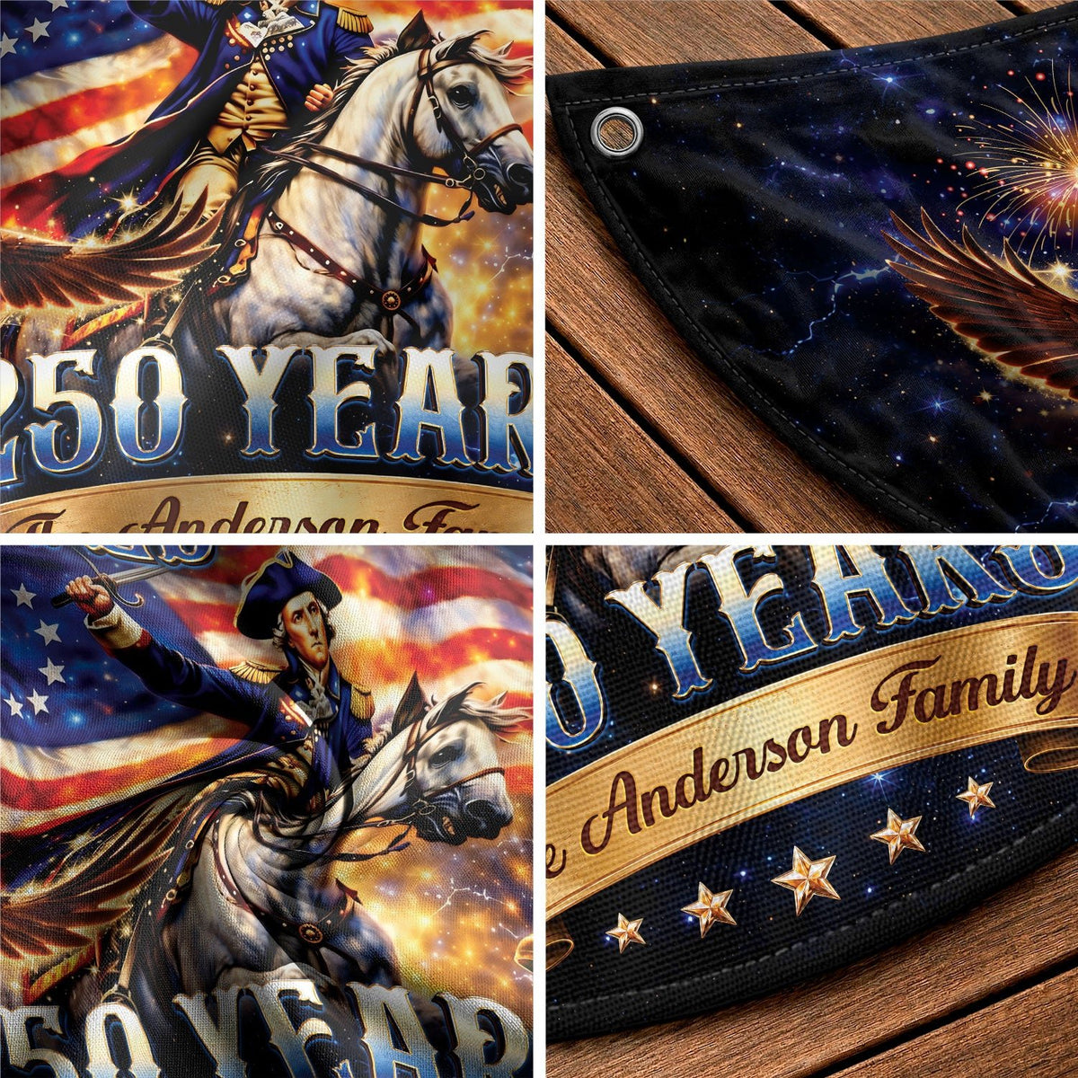 Custom Family Name United States 250 Years George Washington Patriot Eagle Fence Flag - Rust Field Wear