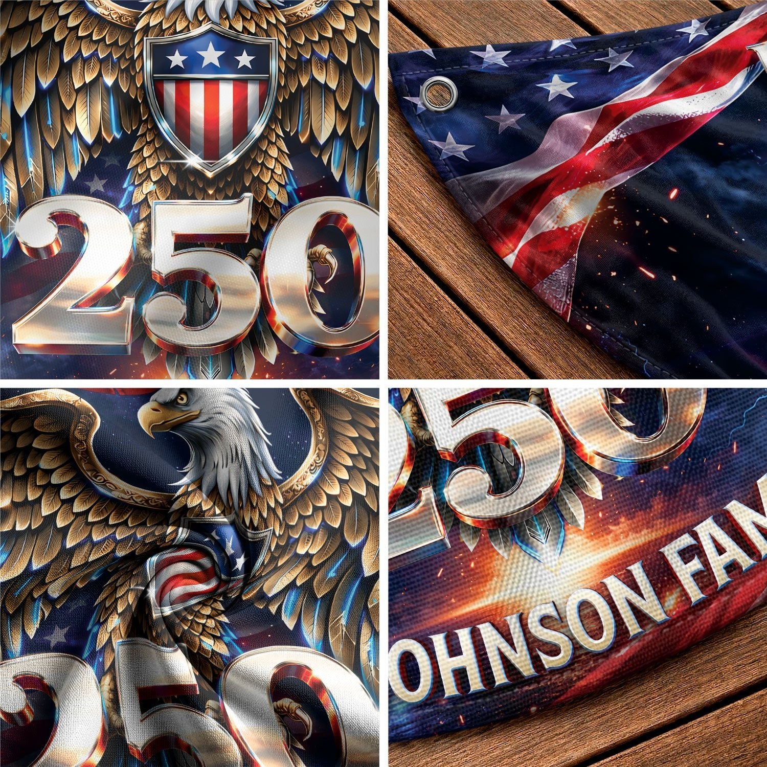 Custom Family Name United States 250 Years Patriot Eagle 1776-2026 Bunting Fence Flag - Rust Field Wear