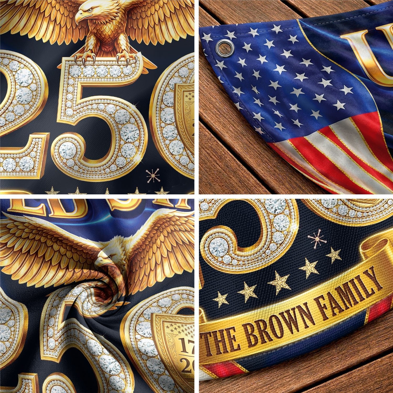 Custom Family Name United States 250 Years Patriot Golden Eagle 1776-2026 Fence Flag - Rust Field Wear