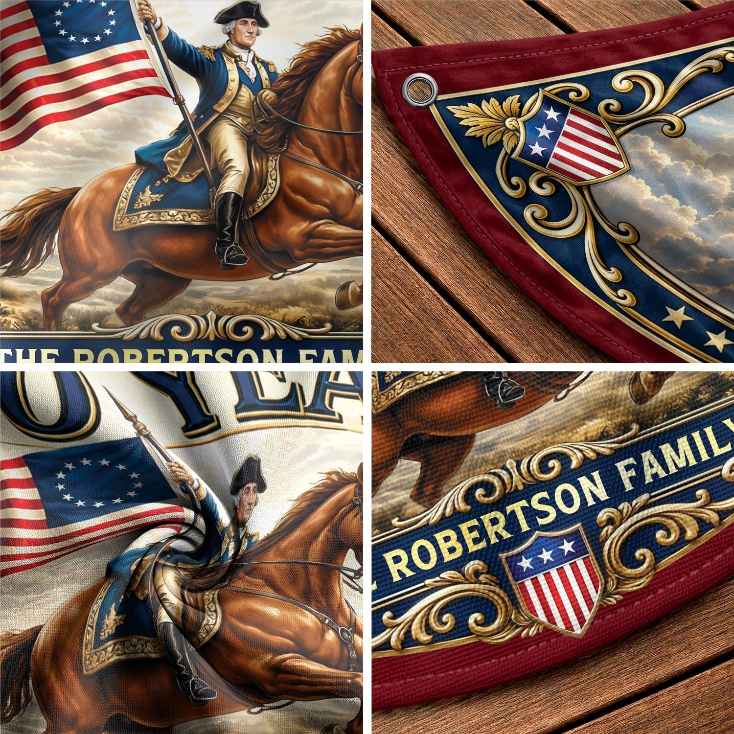 Custom Family Name 250 Years United States George Washington Patriot Bunting Fence Flag - Rust Field Wear
