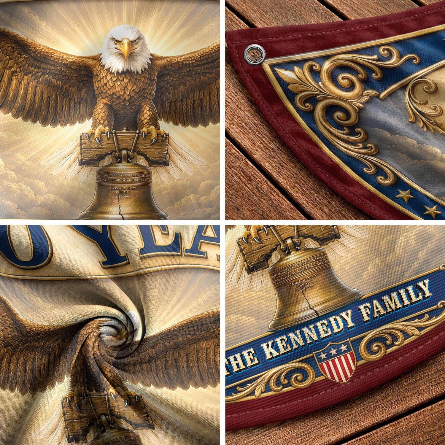 Custom Family Name 250 Years United States Patriot Eagle Liberty Bell Fence Flag - Rust Field Wear