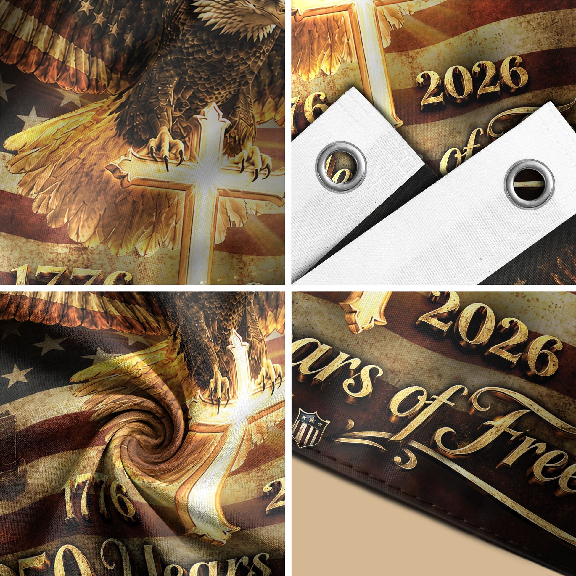 250 Years of Freedom Flag 1776-2026 Patriotic US Bald Eagle Liberty Bell Cross Banner - Rust Field Wear